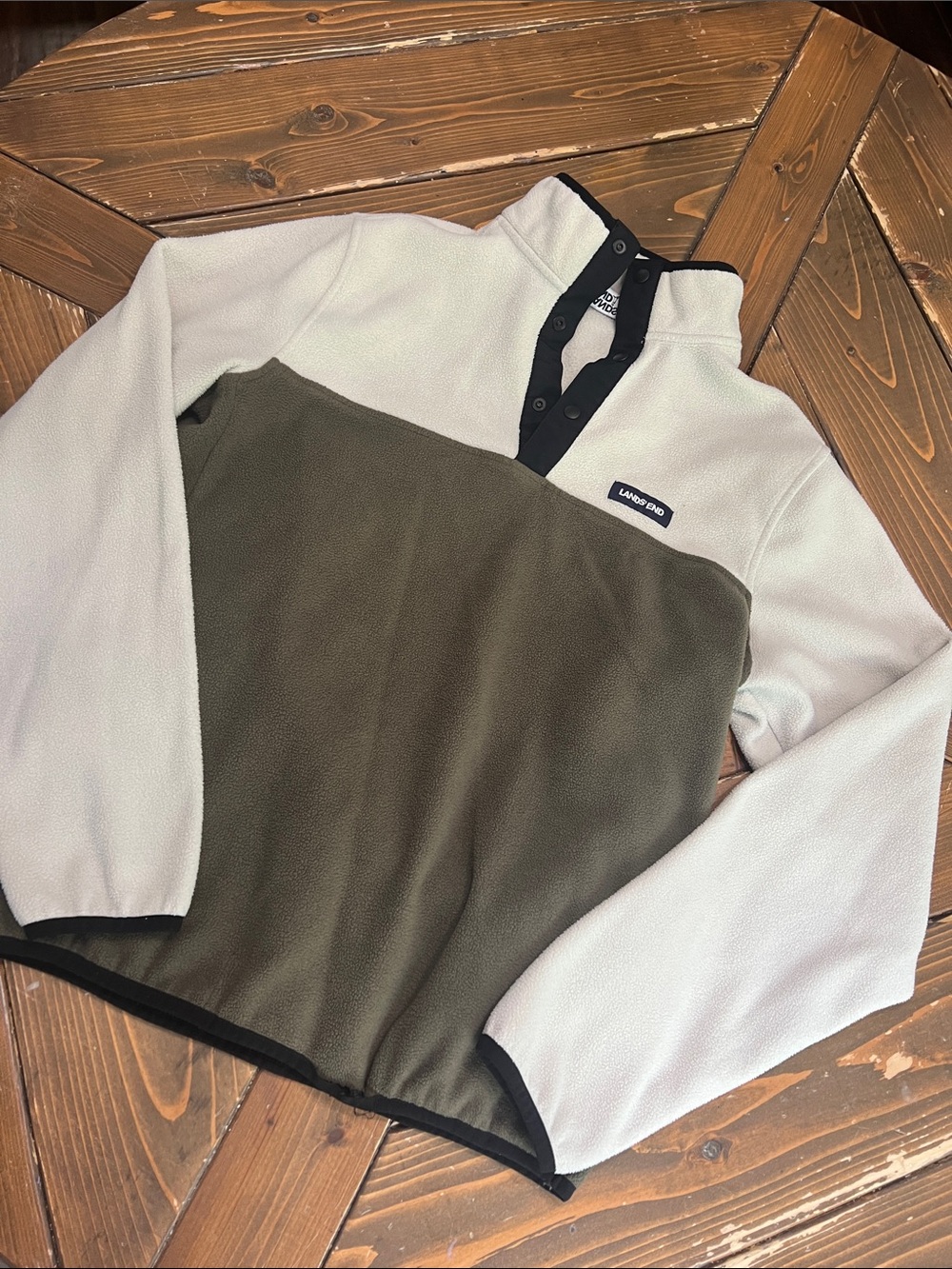 Lands' End Mens Two-Tone Zip-Up Fleece Jacket - Olive & Off-White